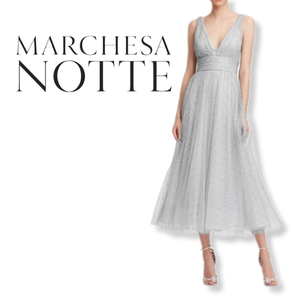 NWT MARCHESA NOTTE Glitter Tulle V-Neck Empire Waist A-Line Dress 8 Silver - Picture 2 of 12